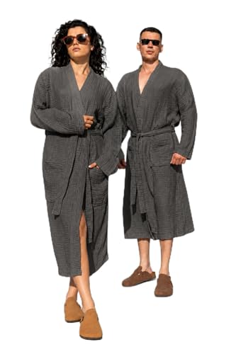 Image of Muslin Unisex Bathrobe Women & Men, 100% Cotton Kimono Lightweight Robe | Long Robes Soft, Absorbent, Spa robes
