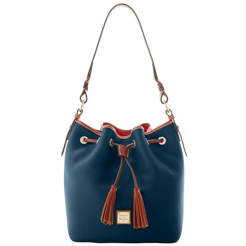 Dooney & Bourke Bucket Bags for Women, Pebble Grain Tasha Large Leather Shoulder Bag with Drawstring Cinch Closure - Blue