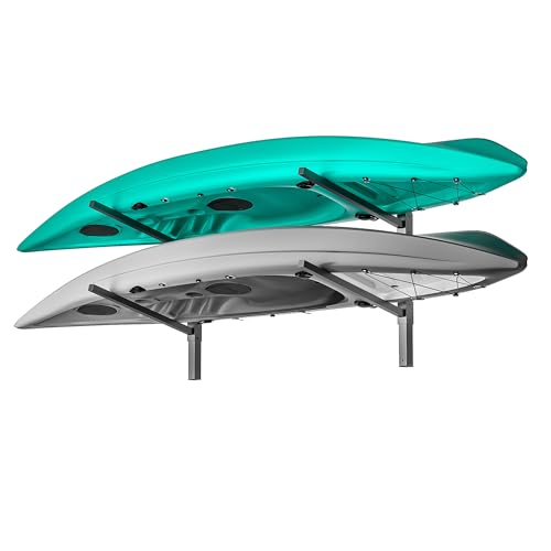 EVERHANGER Wall Mounted Kayak Storage Rack for 2 Kayaks Adjustable Kayak Holder Heavy Duty Canoe Rack with 440LBS Weight Capacity Indoor & Outdoor Use