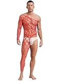 TiaoBug Men's Fishnet Rhinestone Bodystocking One Shoulder Sheer Tights Bodysuit Lingerie Underwear Red One Size