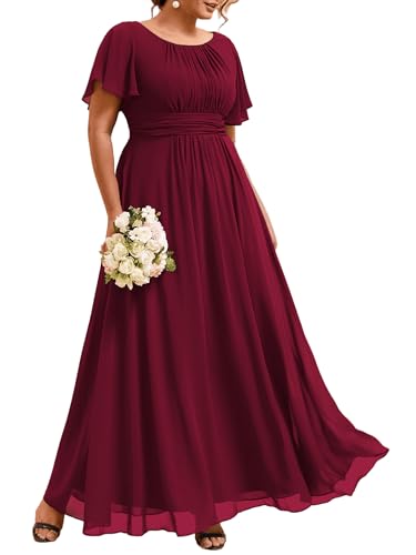 Image of Ever-Pretty Plus Elegant Formal Dresses for Curvy Women Round Neck Short Sleeves Chiffon Bridesmaid Mother of The Bride Dress
