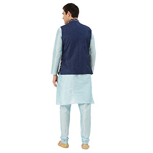 Image of SOJANYA (Since 1958 Men's Silk Blend Sky Blue Kurta Pyjama & Navy Nehrujacket Combo Size 42