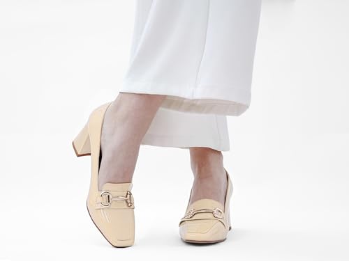 Image of Womens Mid Block Chunky Heeled Loafers Closed Square Toe Patent Leather Comfortable Slip On Pumps Metal Chain Basic Classic Casual Work Office Dress Shoes 2.8 Inches Heels