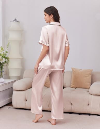 Image of Ekouaer Silk Satin Pajamas for Women Set 2 Piece Short Sleeve Button Up Pjs