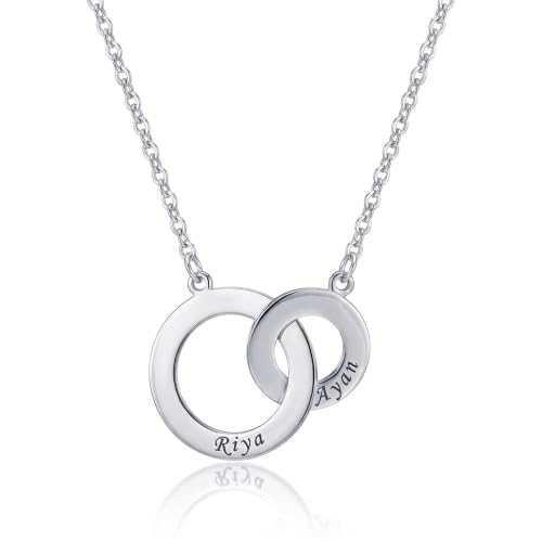 Image of TRUESILVER ACPL 925 Sterling Silver Personalized Name Necklace for Women | Custom Engraved Couple & Family Pendant | Heart Circle & Russian Ring Necklaces | Gift for Anniversary Birthday Wedding