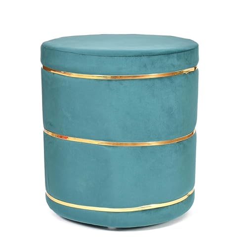 Image of Velvet Round Footrest Ottoman with Golden Accent - Soft Padded Stool for Living Room, Bedroom & Dressing Area (Aqua)