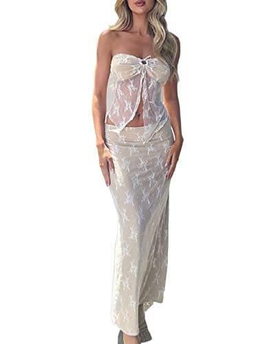 Conjunto de 2 piezas de falda y top para mujer, sin tirantes, parte superior de tubo de cintura alta, falda larga para fiesta, club, playa, Encaje Blanco, M