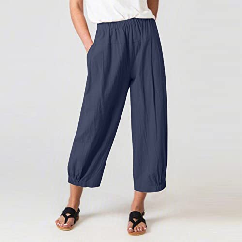 SMIDOW Women's Capris and Cropped Pants Dressy Casual Cotton Linen Pant Elastic High Waist Loose Wide Leg Long Trousers2