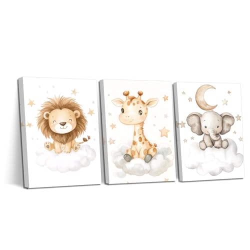 Image of QLMDYJSW Baby Safari Nursery Canvas Wall Art Set of 3 Cute Animal Baby Prints Lion Elephant Giraffe Posters Watercolor Animal Pictures for Kids Room Decor Framed (12x16inchx3 Pieces)