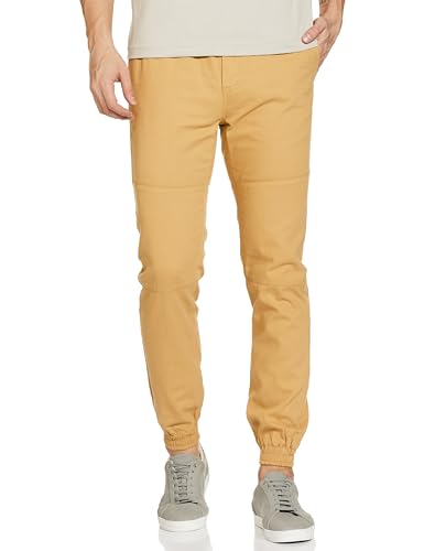 The Indian Garage Co Men Slim Fit Solid Mid-Rise Biker Mid Rise Joggers Beige, 32