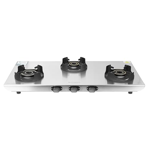 Image of Faber Ember Stainless Steel Cooktop | 3 Brass Burners (Jumbo, Medium & Small |Manual Ignition | Diamond-Coated Pan Support | Cooktop Ember 3BB SS CI (3 Burner)