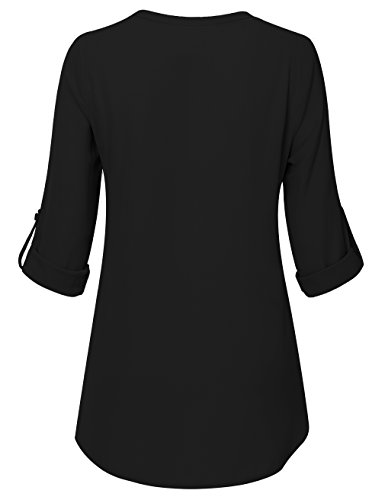 Timeson Black Blouses for Women, Women's Casual Chiffon V Neck Cuffed Sleeve Blouse Tops (X-Large, Black)