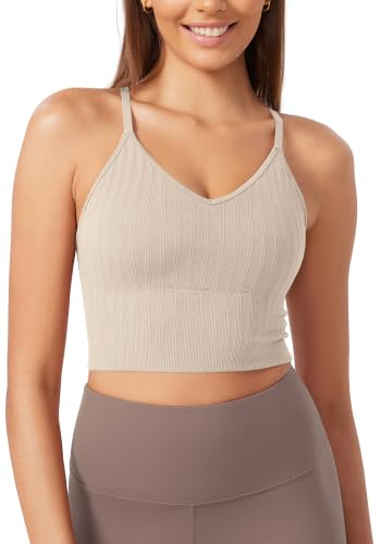 Image of ODODOS Seamless Padded Sports Bra for Women Strappy Longline Wirefree Brami Ribbed Crop Tank Tops