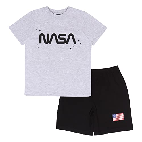 NASA US Flag Text Logo Kurzer Pyjama, Kinder, 116-170, Schwarz/Heather grau, Offizielle Handelsware