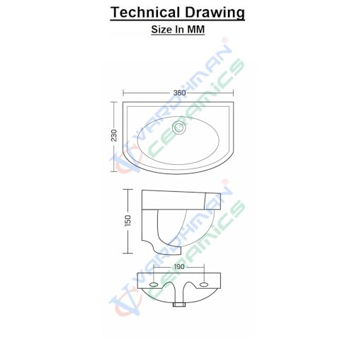 Image of Wash Basin Wall Hung Mounted Glossy Finish White Sink for Bathroom - (14 x 9 x 6 Inch)