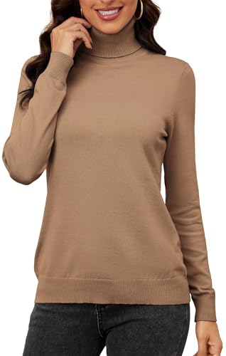 Neineiwu Damen Rollkragenpullover Strickpullover Stretch Stehkragen Pullover Basic Rolli Langarmshirt,Khaki,M
