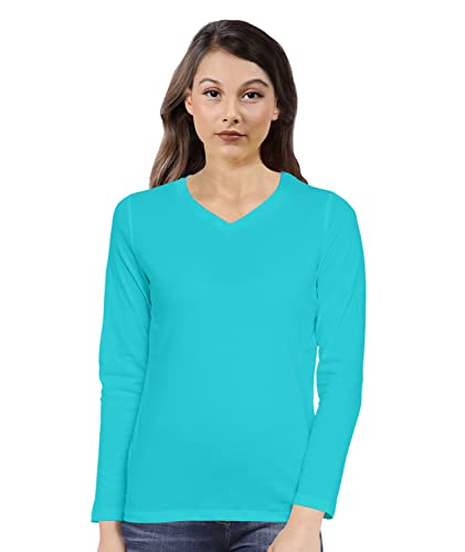Image of Pooplu Women's Regular Fit Plain V Neck Full Sleeves Multicoloured 100% Cotton Pootlu T Shirt. Stylish, Casual Tshirts