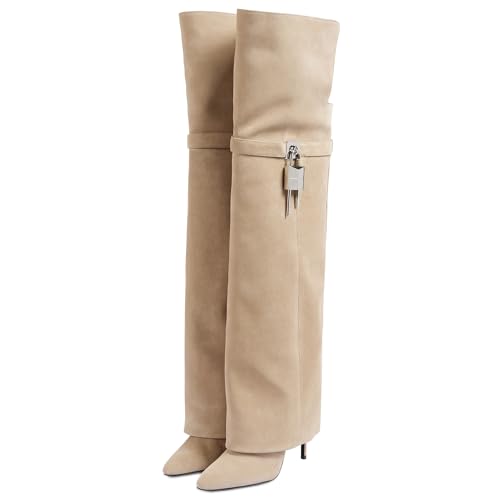 Kluolandi Women's Fold Over Thigh High Boots with Padlock Sexy Pointed Toe Stiletto High Heel Over The Knee Boots