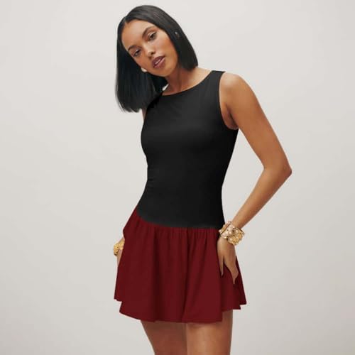 Image of YOXUA Women's Tank Drop-Waist A Line Dress Sleeveless Crewneck Solid Slim Fit Puffy Beach Short Summer Dresses