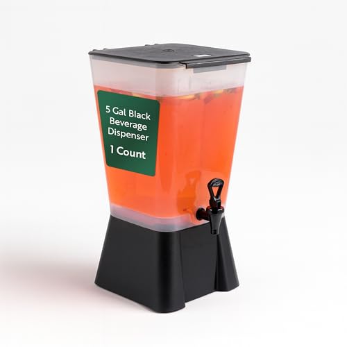 Restaurantware Bev Tek 5 Gallon Drink Dispenser 1 Dishwashable Beverage Dispenser--Detachable Tank Includes Decals Black Plastic Carnival Juice Dispenser With Stand Push-Button Spigot