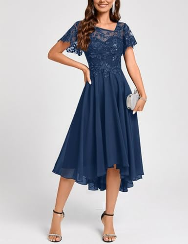 Lace Mother Bride Dresses Tea Length Chiffon Formal Dress Asymmetrical Cocktail Party Gowns with Ruffle Short Sleeve RO643