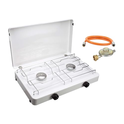 CFH Zweiflammkocher Capri ZK 421 – Camping Gaskocher 2-flammig mit 50 mbar Gasdruckregler & 80 cm Gasschlauch, 3,8 kW Leistung, 277 g/h Verbrauch, abnehmbarer Deckel & verchromter Rost, Made in Europe CFH Zweiflammkocher Capri ZK 421 – Camping Gaskocher 2-flammig mit 50 mbar Gasdruckregler & 80 cm Gasschlauch, 3,8 kW Leistung, 277 g/h Verbrauch, abnehmbarer Deckel & verchromter Rost, Made in Europe