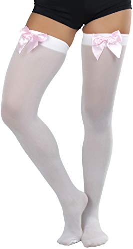 Image of ToBeInStyle Women's Opaque Long Thigh High Stockings w /Decorative Front Satin Bow