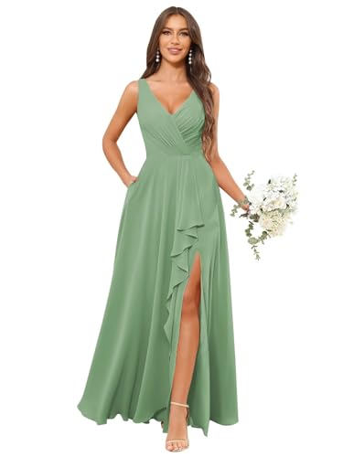 Image of HANVAIOS Pleated Chiffon V Neck Bridesmaid Dresses for Wedding Sage Green Long Formal Dress with Slit Pocket Size 14
