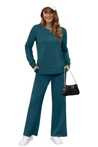 Image of OFEEFAN Women's 2 Piece Lounge Set Travel Airport Outfits Side Slit Tracksuit Wide Leg Loungewear Baggy Comfy Sweatsuit S-3XL
