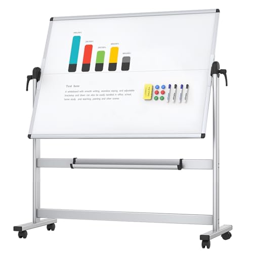 VIZ-PRO Double-Sided Mobile Whiteboard, 48 x 36 Inches, Magnetic Rolling Dry Erase White Board on Wheels with Aluminium Frame and Stand