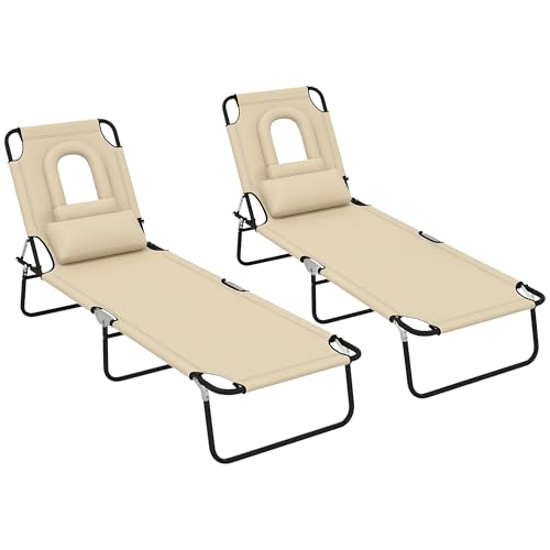 Outsunny Juego de 2 tumbonas plegables para exteriores, respaldo ajustable de 4 niveles, tumbona reclinable con almohada y agujero de lectura, color marrón
