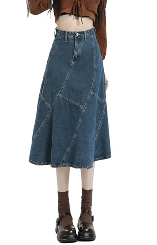 CHARTOU Women Summer Patchwork Denim Maxi Skirt Vintage High Waist A Line Long Skirt