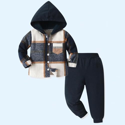 Kids Boys Button Down Flannel Plaid Hoodie Jacket with Jogger Sweatpants 2 Pieces Girls Fall Winter Outfits for 0-10 Years2