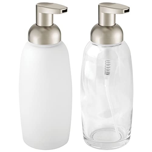 mDesign Refillable Glass Foaming Hand Soap Dispenser - Foam Soap Pump Bottle Container for Bathroom Counter Top - Decorative Foam Soap Dispenser - Malloy Collection - 2 Pack, Clear/Frost/Matte Satin