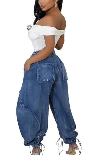 Elasticated Waistband Drawstring Tie Bow Loose Straight Jeans Denim Pants4
