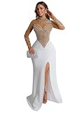 Owzwz Mermaid Prom Dress Sequin Evening Gowns for Women Formal,Galas,Weddings, Elegant Classy Dresses with Rhinestone Bodice,Sheer Long Sleeves,Side Slit(Beige,XL,6825)
