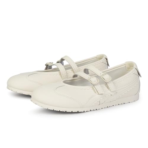 Adolilove Women Comfortable Mary Jane Sneakers Ballet Style Flats Ballerina Slip On Walking Shoes with Memory Foam Insole with Elastic Straps Lightweight, All Beige, 8.5