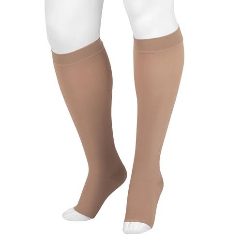 Image of Juzo Dynamic Varin 3511 Knee-High 20-30 mmHg Open Toe Compression Stocking with Silicone Top Band - Men & Women, Petite, 4 (IV), Beige