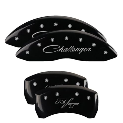 Image of MGP Caliper Covers - Brake Caliper Covers for 2011-2023 Dodge Challenger & 2011-2023 Dodge Charger (Requires Dual Piston Front Caliper) Front and Rear Set (Black, Cursive Challenger & R /T Vintage)