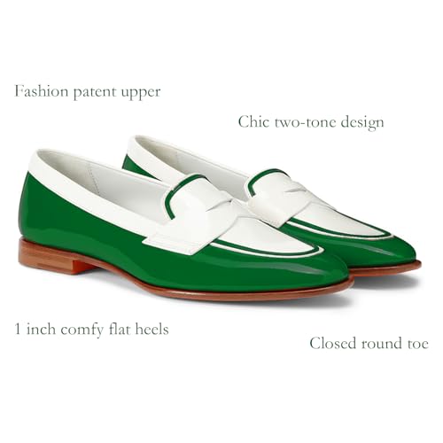 Image of Women Patent Slip On Loafer Flats Two Tone Round Toe Flat Heel Penny Loafers Casual 1 inch Low Heel Loafer Dress Shoes Oxford Comfort Chic Colorblock Office Ladies 4-11 M US