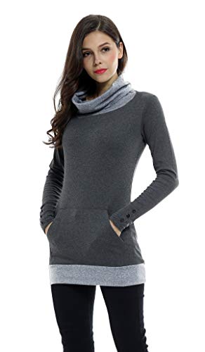 Sofishie Casual Cowl Neck with Sleeve Buttons Pullover Top - Dark Gray/Gray - Small