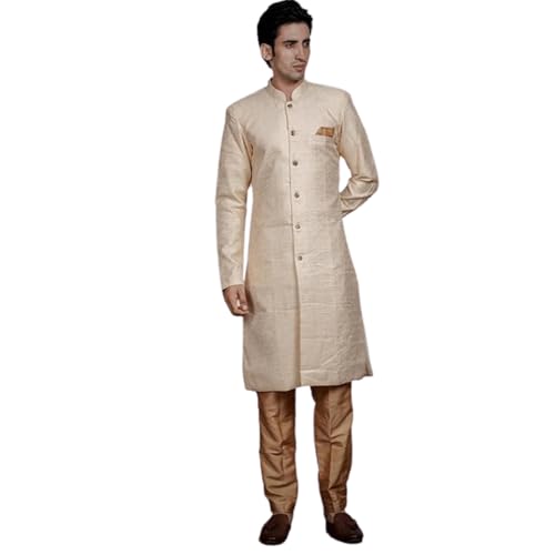 Image of Amzira Men's Soft Cotton Indo Western Kurta Pyjama Set with Mandarin Collared Neck Long Sleeves Button Closure and Solid Pant