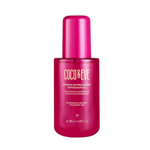 Coco & Eve Firming & Tan Prolonging Peptide Body Oil. Up to 28 Days Natural Tan Extender. After Sun Care with Tropical Oils Vitamins C & E for Nourished Glowy & Visibly Firmer Skin. (170ml)