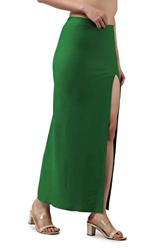 Image of POPWINGS Casual Solid Self Design Rib Long Slit Skirt for Women - Stylish Summer Skirt