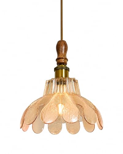 Image of Homesake Botanica Pendant Lamp | Petal Scalloped Glass Hanging Light with Solid Wood Top | Vintage European Ceiling Fixture, Pendant Light for Home Decor, Hallway, Kitchen & Balcony, (Petal, Yellow)