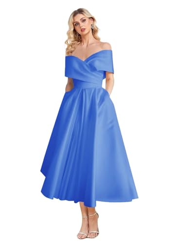 Image of Women's Off Shoulder Wedding Dress for Bride Tea Length A Line Satin Formal Prom Dresses with Pockets