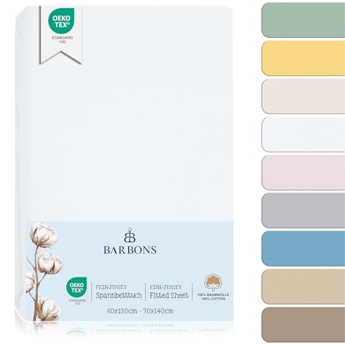 BARBONS Spannbettlaken für Baby/Kinderbett - 100% Jersey-Baumwolle Oeko-TEX Standard 100 Zertifiziert Bettlaken für Babybett (Weiss - 60x120cm / 70x140cm)