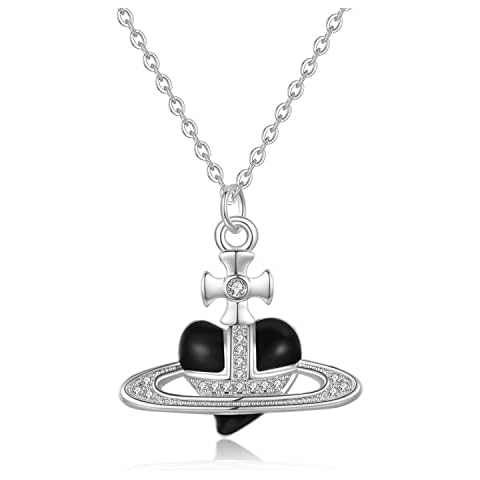 LNIEER Punk Heart Saturn Necklace for Women Jewelry, Fashion Baroque Cubic Zirconia Love Heart Saturn Planet Pendant Necklace Saturn Heart Orb Necklace (Silver-Black) Cover