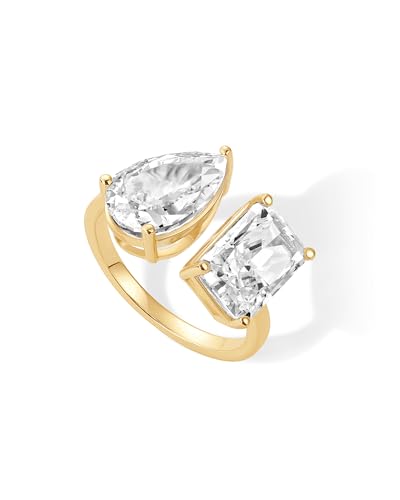 PAVOI 14K Gold Plated Toi Et Moi Radiant-Cut Pear-Shaped Cubic Zirconia Fake Wedding Engagement Ring for Women - Statement Promise Ring3
