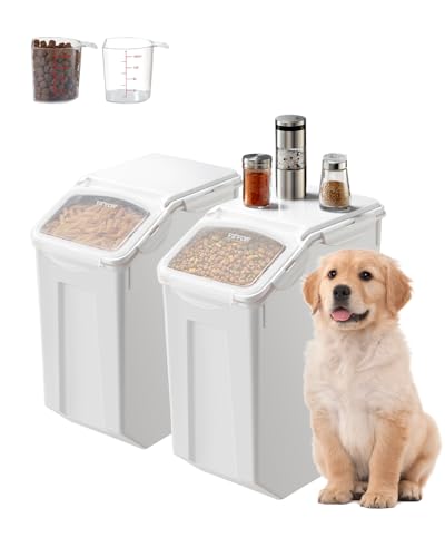 VEVOR Reis-Aufbewahrungsbehälter Vorratsdosen 2 Stk. Hundefutterspender, 2 x 20 L Behälter für Küchenzutaten Getreide Müsli Mehl, Tierfutterbehälter mit Rädern Messbecher luftdichter Deckel